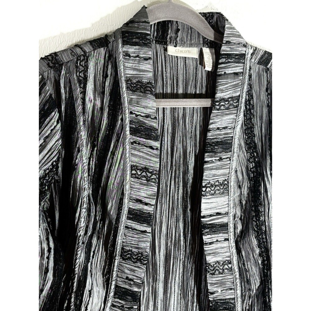 Chico’s Gray Black Blazer Open Front Sz 3 X-Large Women Dressy Black Lace Trim - Picture 2 of 9